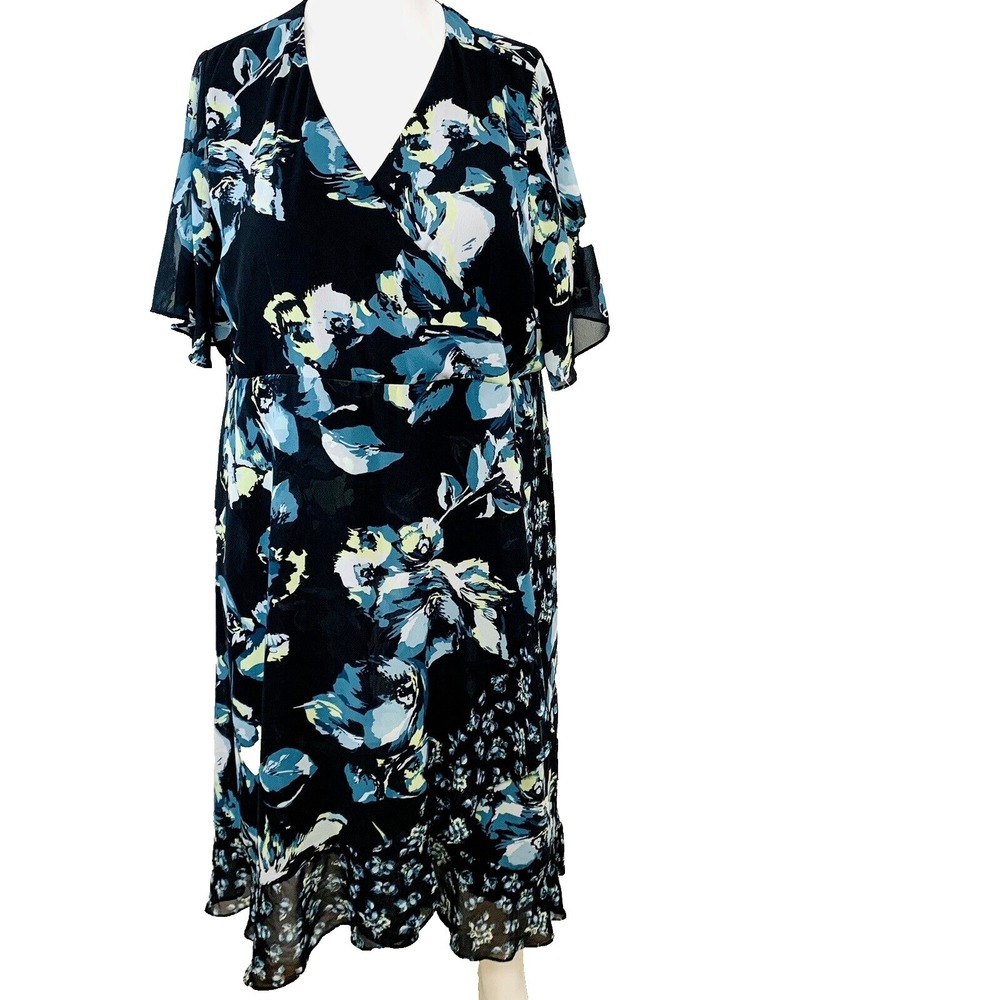 Catherines‎ Long Dress 26W Black Floral Ruffle Semi Sheer Lined Faux Wrap Career